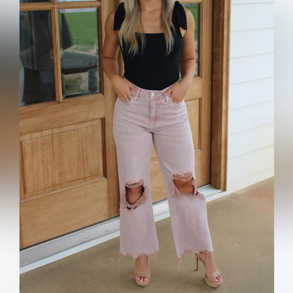bohme Blush Pink Distressed Wide Leg Jeans